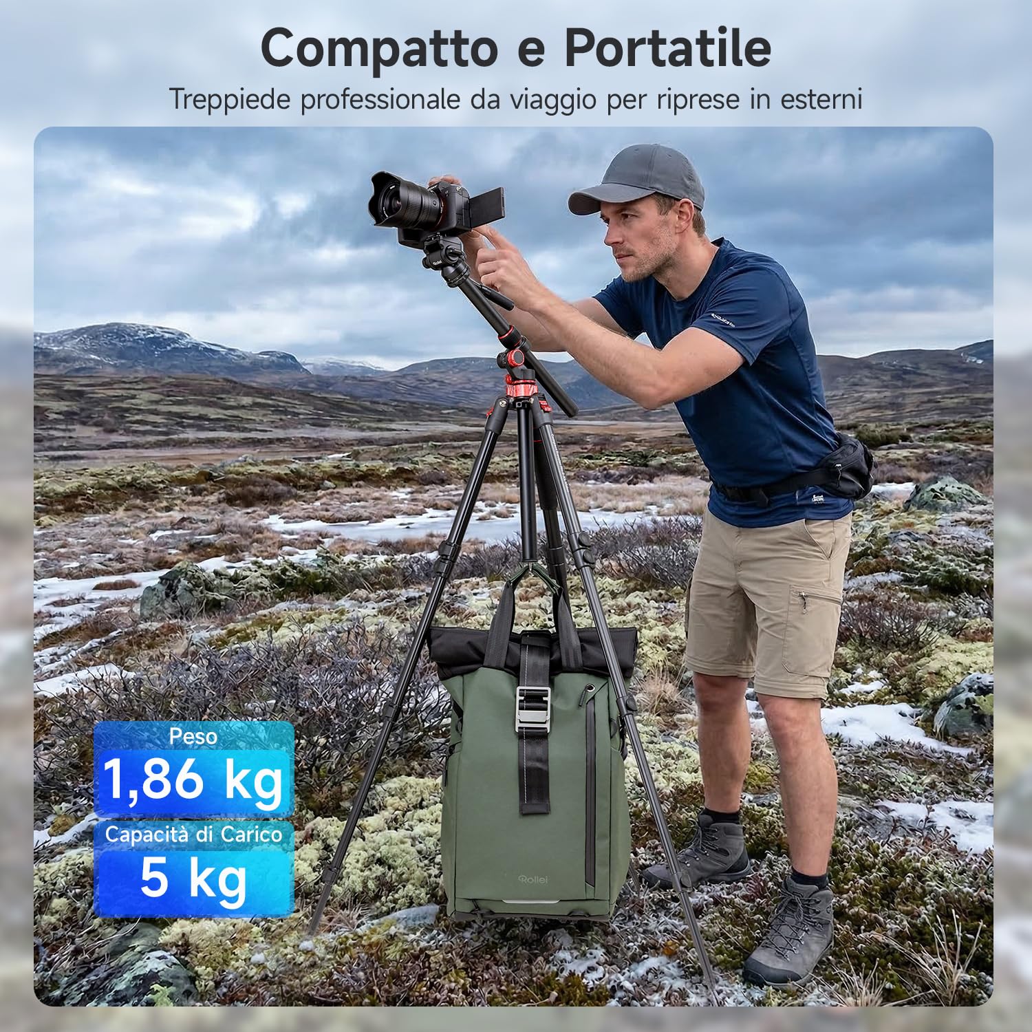 Treppiede Fotocamera 212cm Rollei Compact Traveler No.2 XL Video Cavalletto Fotografico in Alluminio con Braccio Orizzontale Testa Fluida Funzione Monopiede Camera Tripod con Supporto per Telefono