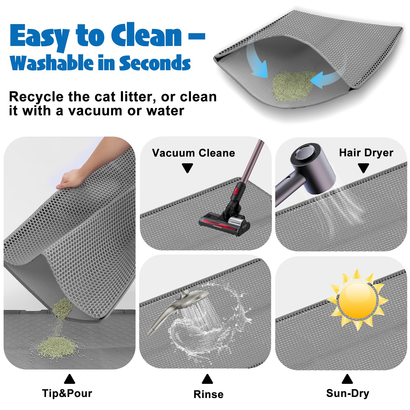 Tappetino per lettiera e lettiera per gatti, a doppio strato, 90 x 60 cm, impermeabile, con chiusura in velcro, struttura a nido d'ape a 2 strati, in EVA antiscivolo, per lettiera e cibo