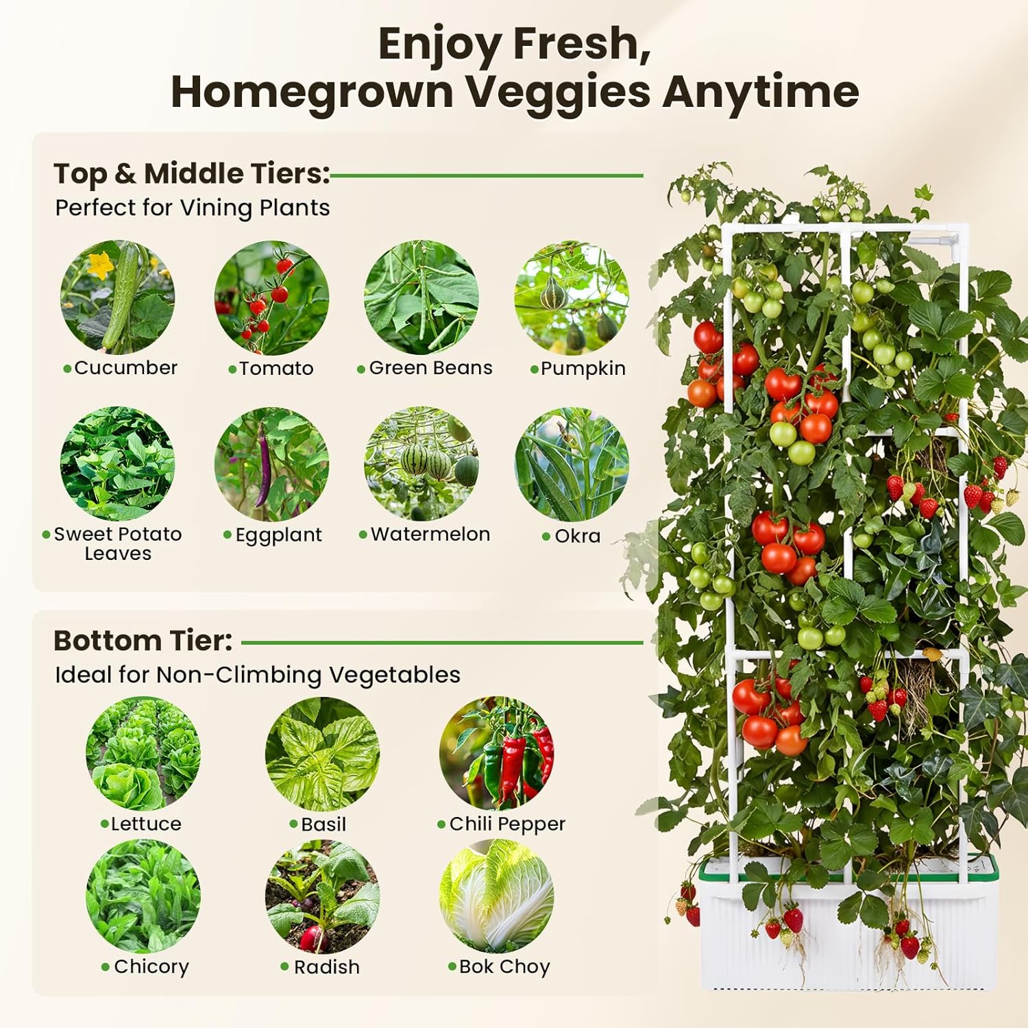 BAOSHISHAN Hydroponics Growing System, with Trellis 60" Height Adjust Indoor Gardening System, Pollinator&Vine Securing Clip, Hydroponic Tower for Tomato Pepper Cucumber Vines Plant