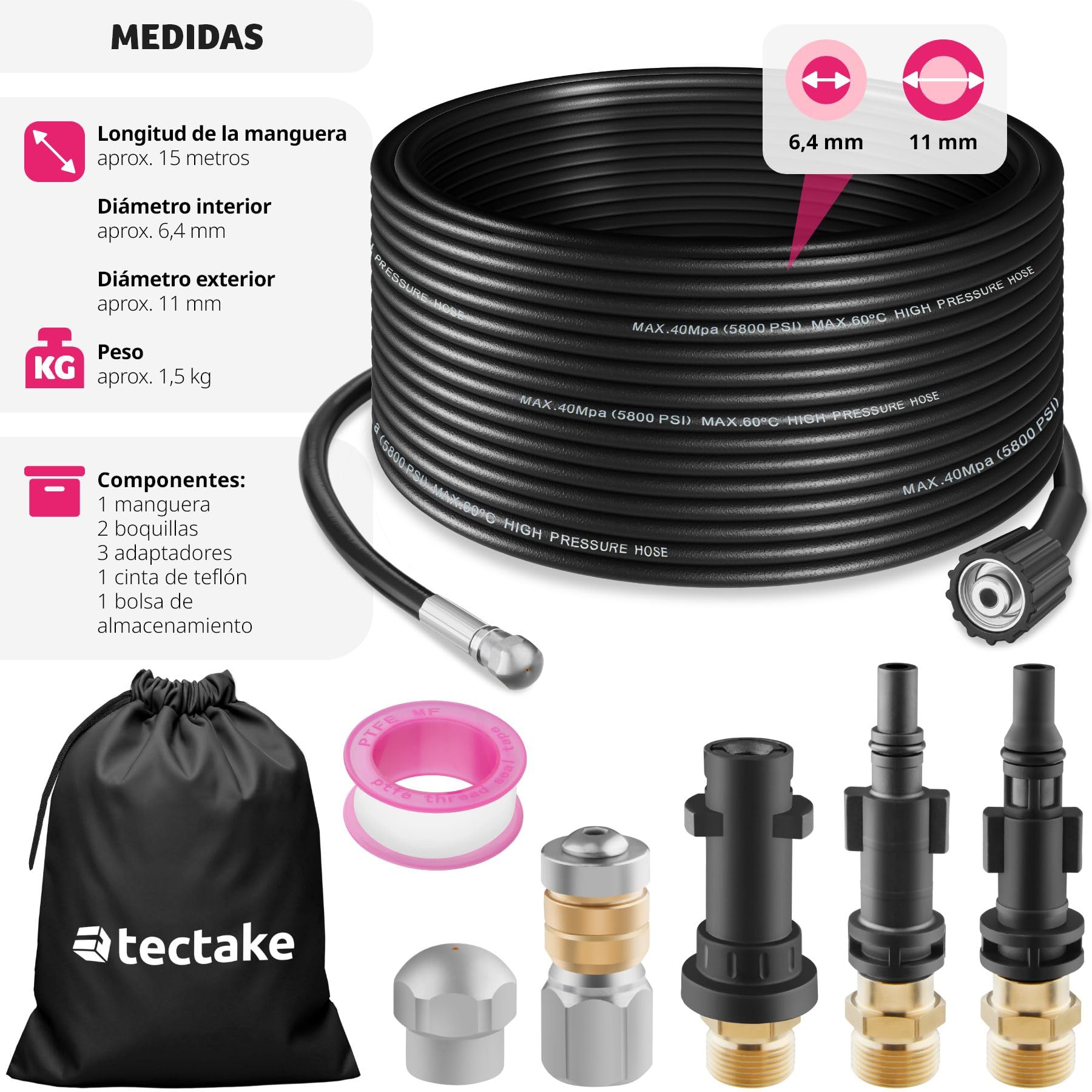 tectake® Juego Manguera Limpieza Tuberías 8 Piezas, Boquilla Giratoria, Adaptadores Hidrolimpiadora, Limpia Canalones, Manguera Presión, Desatascador Tuberias, Manguera Flexible - 15 metros