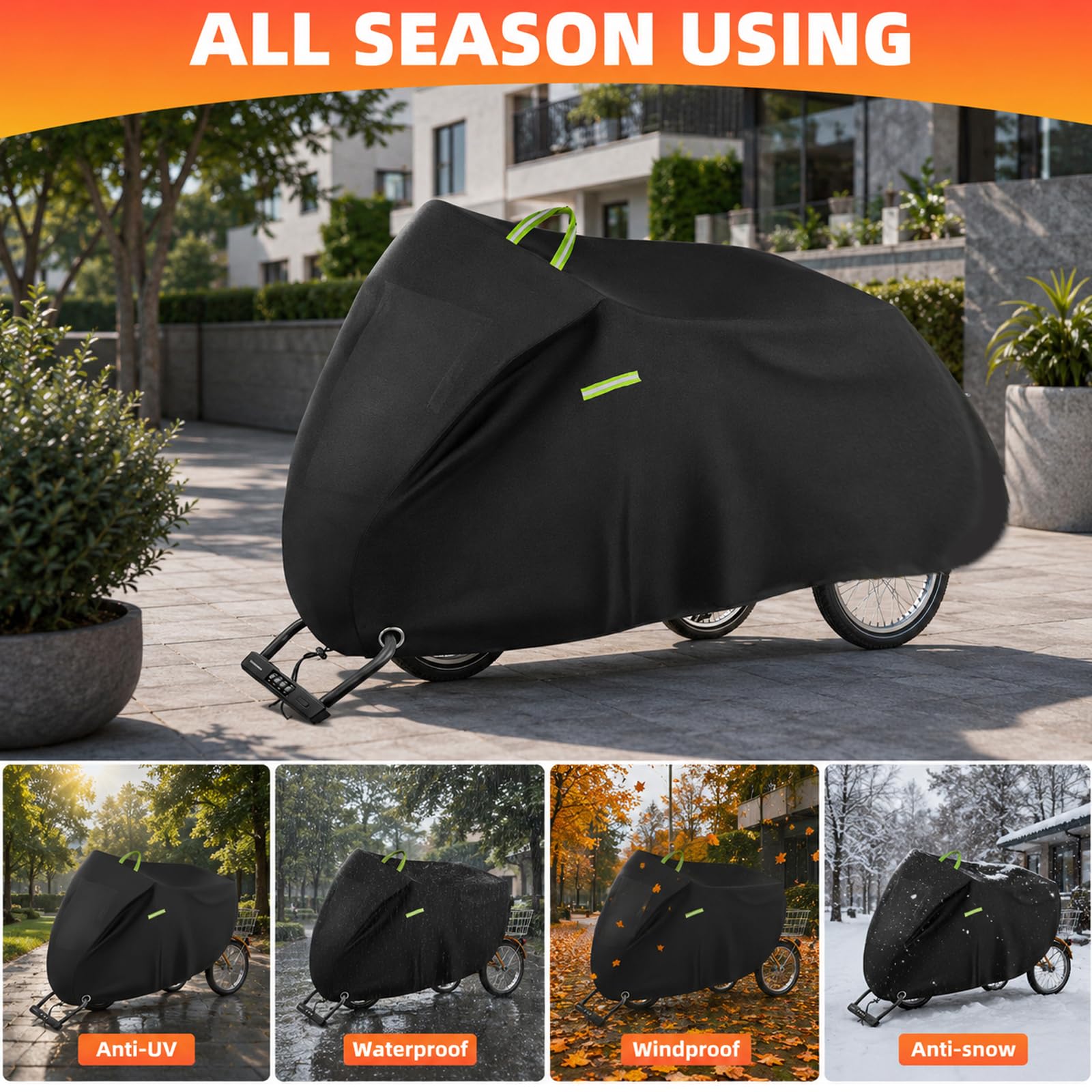 Housse de protection pour tricycle adulte 420D étanche pour tricycle adulte 191 x 77 x 112 cm - Housse universelle durable avec trou de serrure, boucle, bandes réfléchissantes