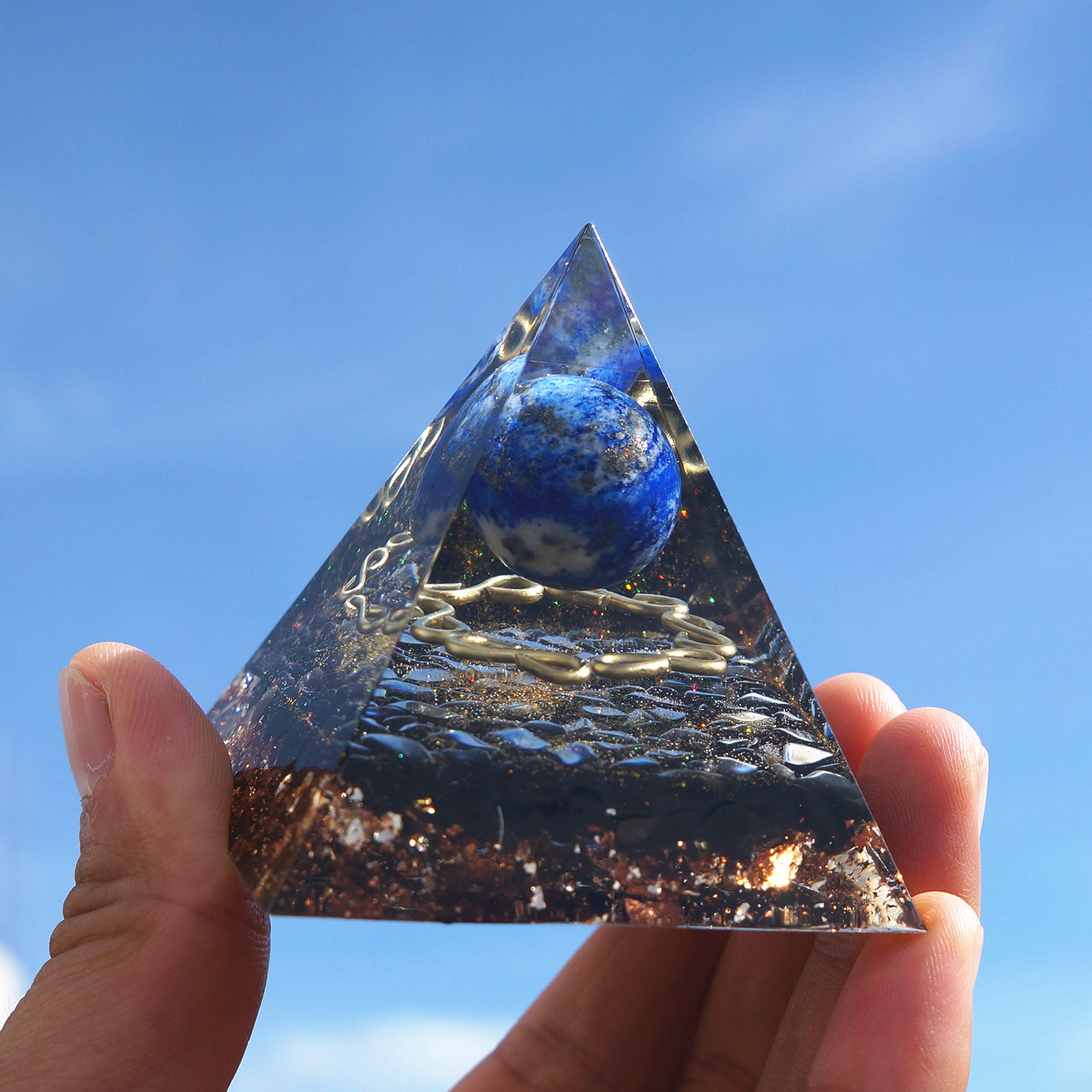 Lapis Lazuli Crystal Sphere and Obsidian Crystal Orgonite Pyramid Chakra Reiki Meditation Orgone Pyramid