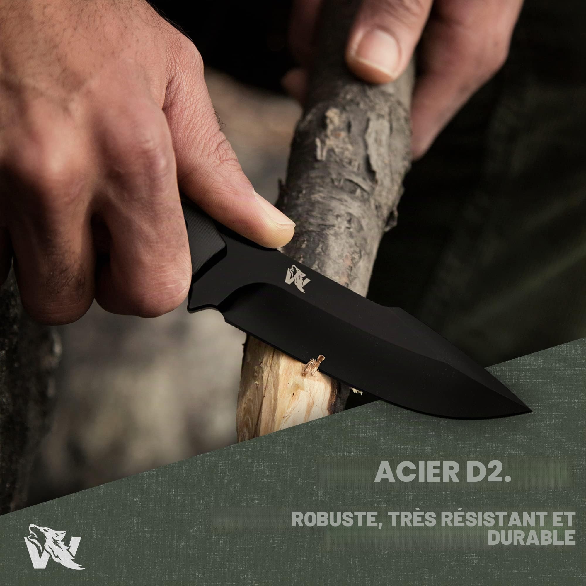 Wolfgangs - Couteau d’extérieur avec étui Kydex - Usiné dans un seul bloc d’acier D2 - Allume-feu et sifflet d'urgence inclus