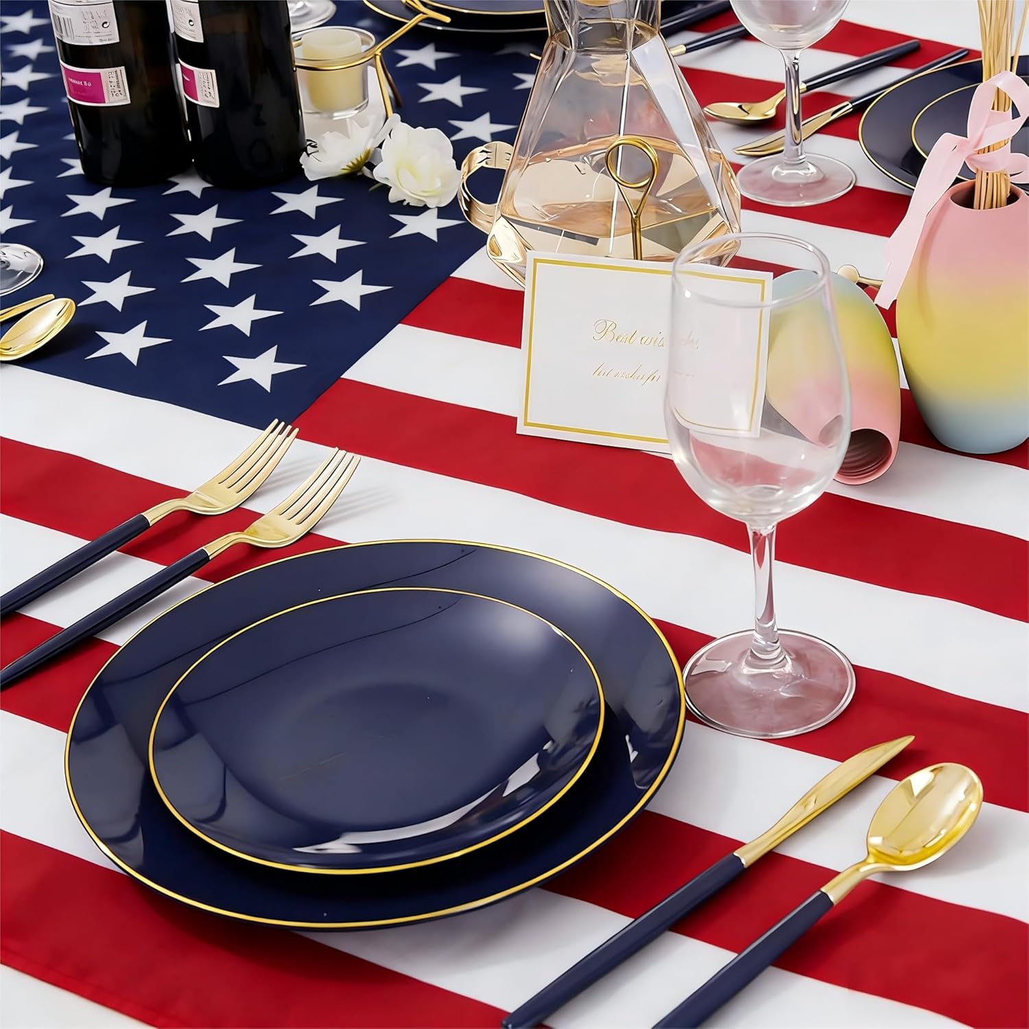 Liacere 150PCS Blue Plastic Plates - Gold Plastic Silverware with Blue Handle - Navy Disposable Plates Include 30 Guests Plates,Forks,Spoons,Knives for Hanukkah & New Year & Washington's Birthday - Image 3