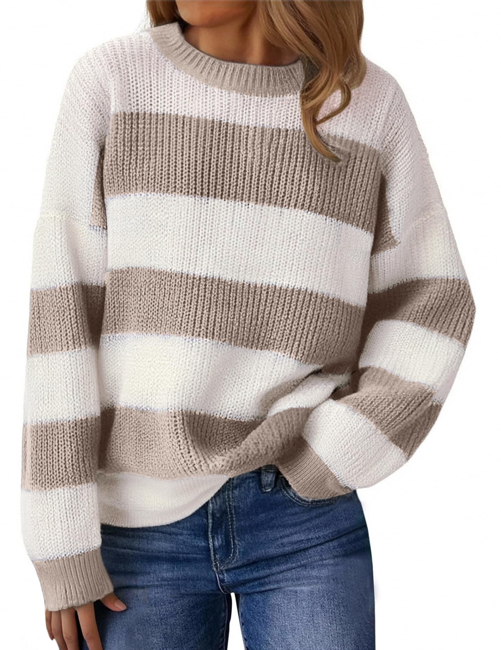Womens Striped Sweater Oversized Cute Color Block Sweaters Winter 2025 Trendy Knit Crew Neck Thin Pullover