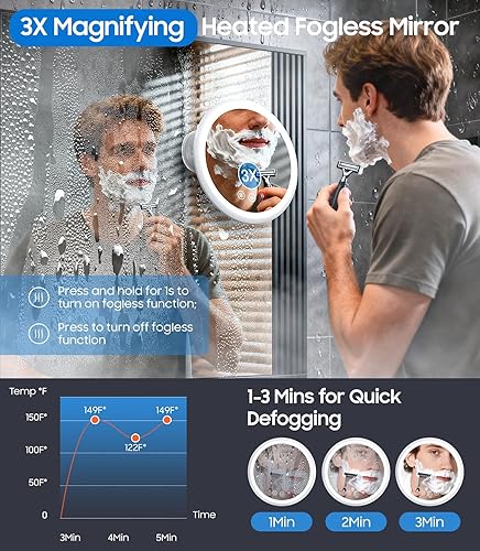 Miniatura 4 de Espejo de ducha iluminado con aumento 3X, sin niebla para afeitar, 5000 mAh, recargable, de 8.3 pulgadas, con calefacción, sin niebla, espejo de