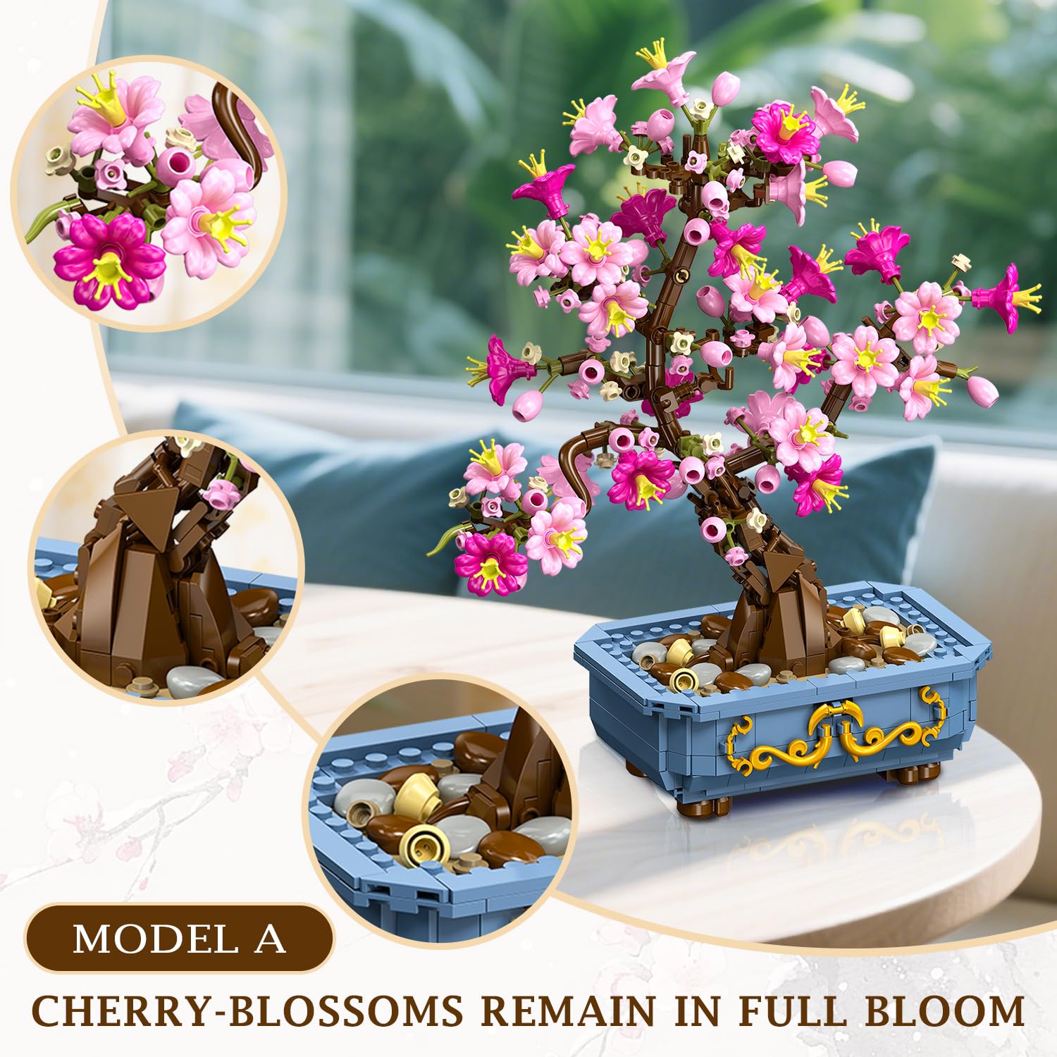 HOGOKIDS Set di bonsai con fiori di ciliegio, 2 in 1, pietre artificiali per bonsai per la casa, esposizione, fiori botanici, giocattolo da costruzione, regalo di compleanno per adulti (775 pezzi)