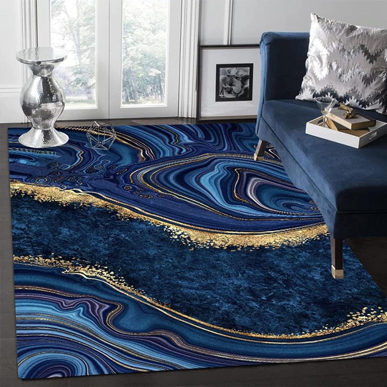 Tapis Salon Marbre d'or Bleu Marine Nordique, Tapis Poils Ras Texture se Tourbillon Doré Abstrait Luxueux, Tapis Lavable en Machine - pour Salon, Chambre, Salle à Manger, Ferme - 120 x 170 cm