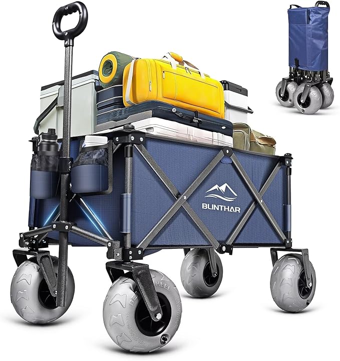 Heavy Duty Collapsible Folding Wagon with All-Terrain 9" Pneumatic Tires & Drink Holders (Color: Navy Blue)