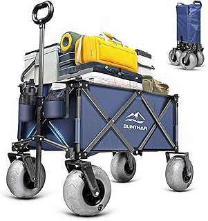 Beach Wagon with Big Wheels for Sand, Heavy Duty Harder Sand Collapsible Folding Wagon with All-Terrain 9" Pneumatic Ballon Tires, Utility Wagon for Garden Sports Camping Outdoor Activities