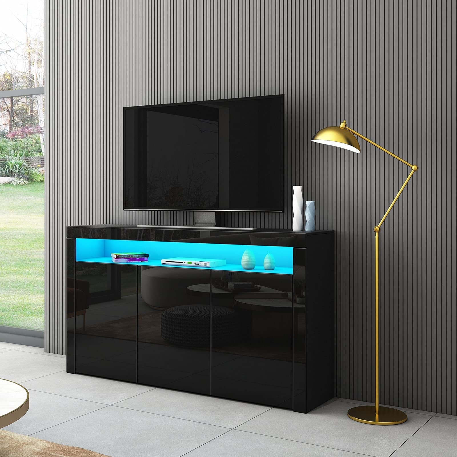 Senvoziii High Gloss Sideboard for Living Room with LED Lights, 3 Door Sideboard Storage Cabinet 152cm Modern High Gloss Cabinet Table for Dining Room & Hallway, Black