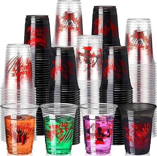 Miniatura 8 de Sliner Paquete de 120 tazas de Halloween de 16 onzas con estampado de sangre de plástico con estampado de mano sangrienta, vasos desechables para