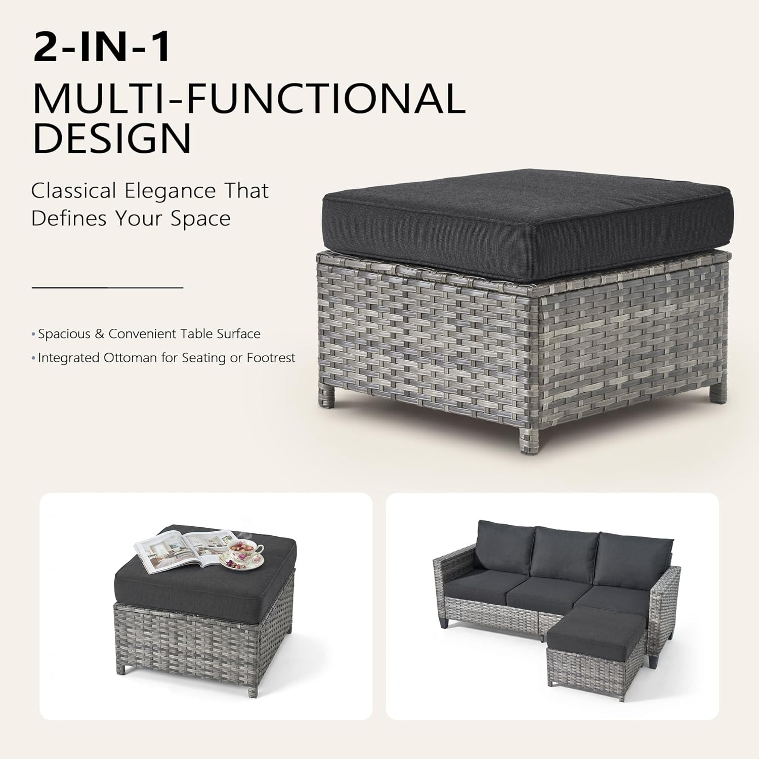 7-Piece Outdoor Wicker Patio Set with 7 Seats, Including 53" Fire Pit - Swivel Rocker Chairs and Conversation Set for Backyard or Lawn, Gray Rattan with Waterproof Black Cushions