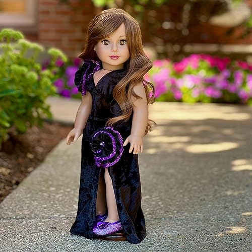 Miniatura 6 de Royal Velvet - Conjunto de 2 piezas para muñeca de 18 pulgadas, vestido negro y morado y zapatos a juego, ropa de muñeca de 18 pulgadas (bolsa no
