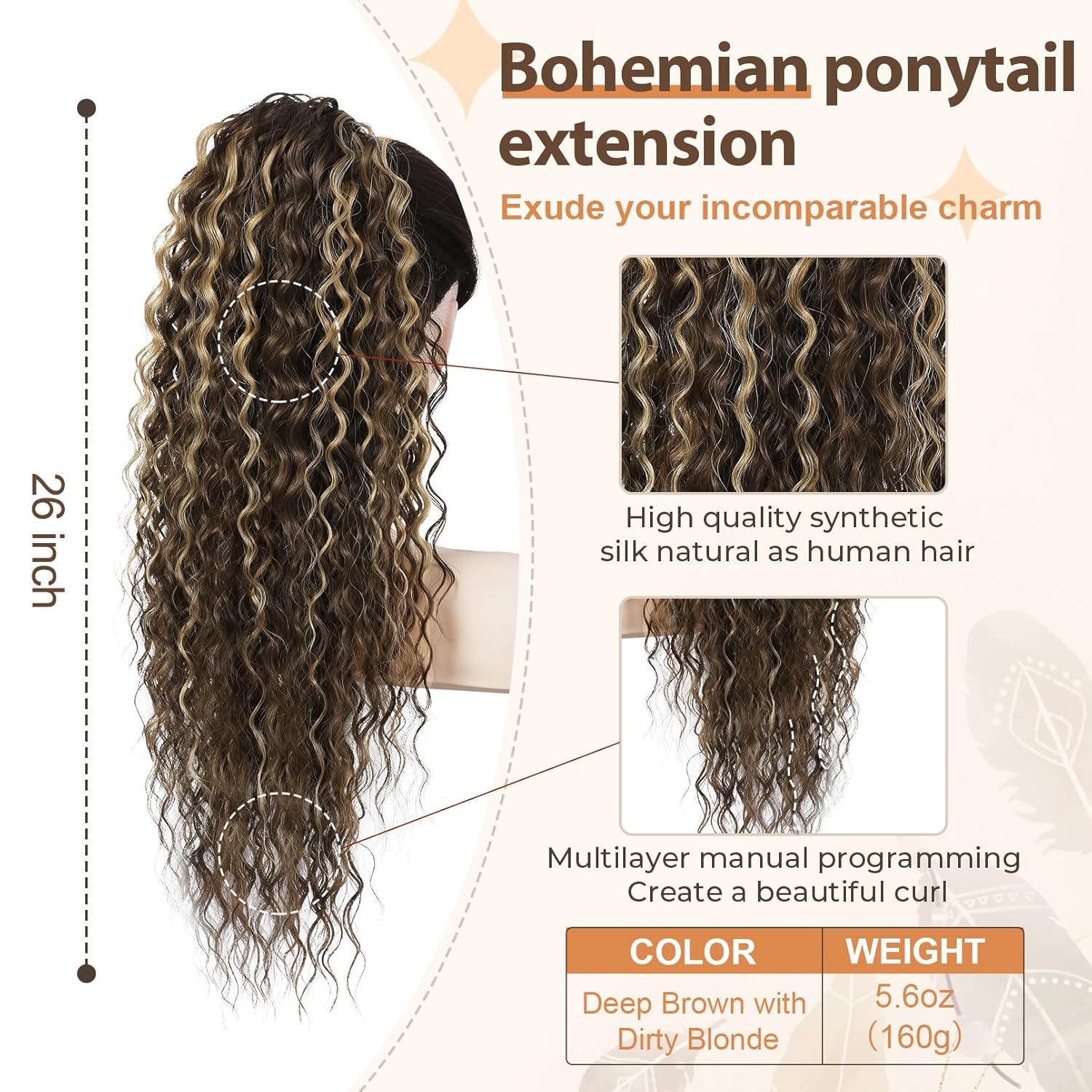 flufymooz ponytail extension, 26 inch bohemian style drawstring ponytail hair extensions for women, long curly wavy pony tail natural synthetic hairpiece for women (deep brown with dirty blonde) 26 inch deep brown with dirty blonde