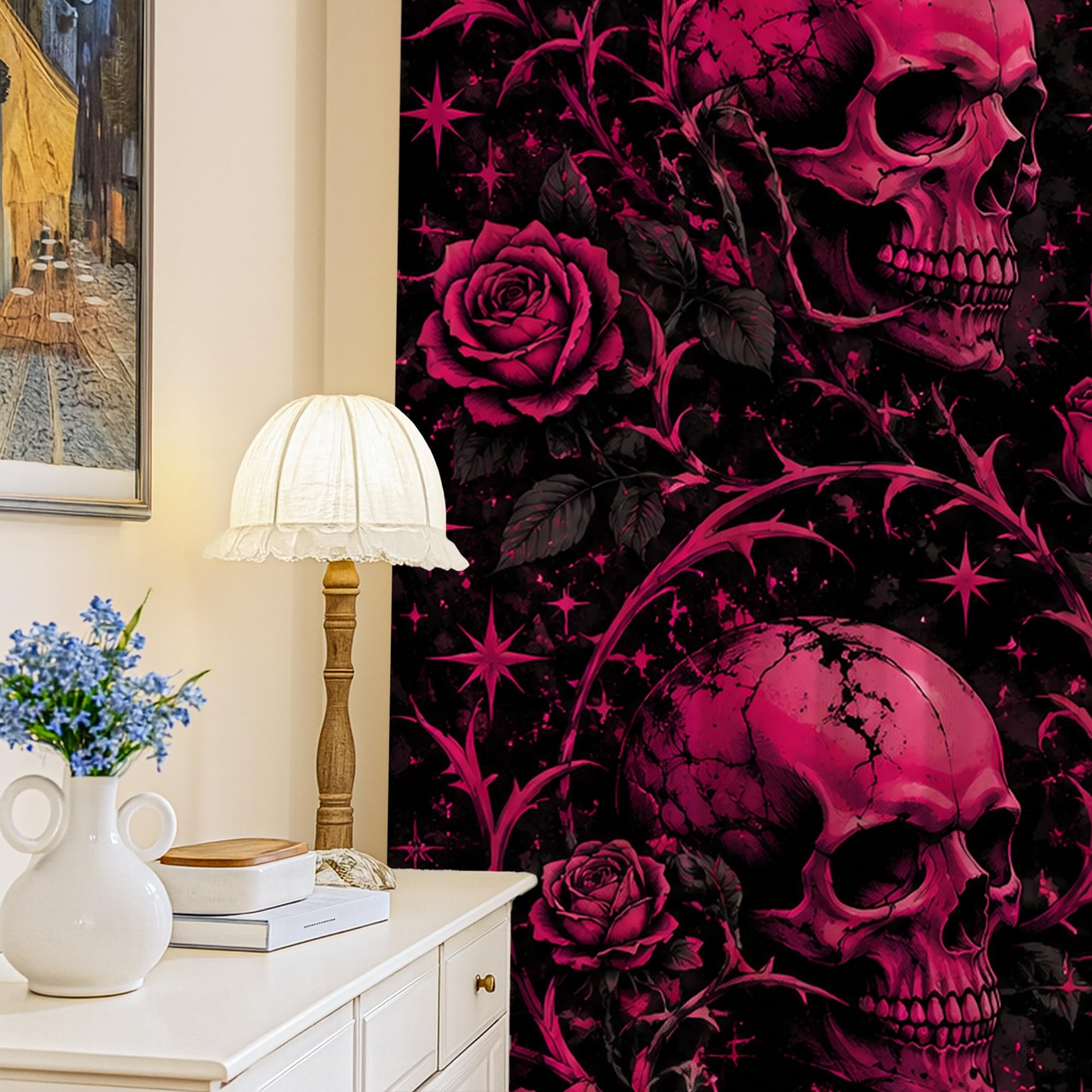 Rideaux occultants tête de mort rose foncé 132x213 cm