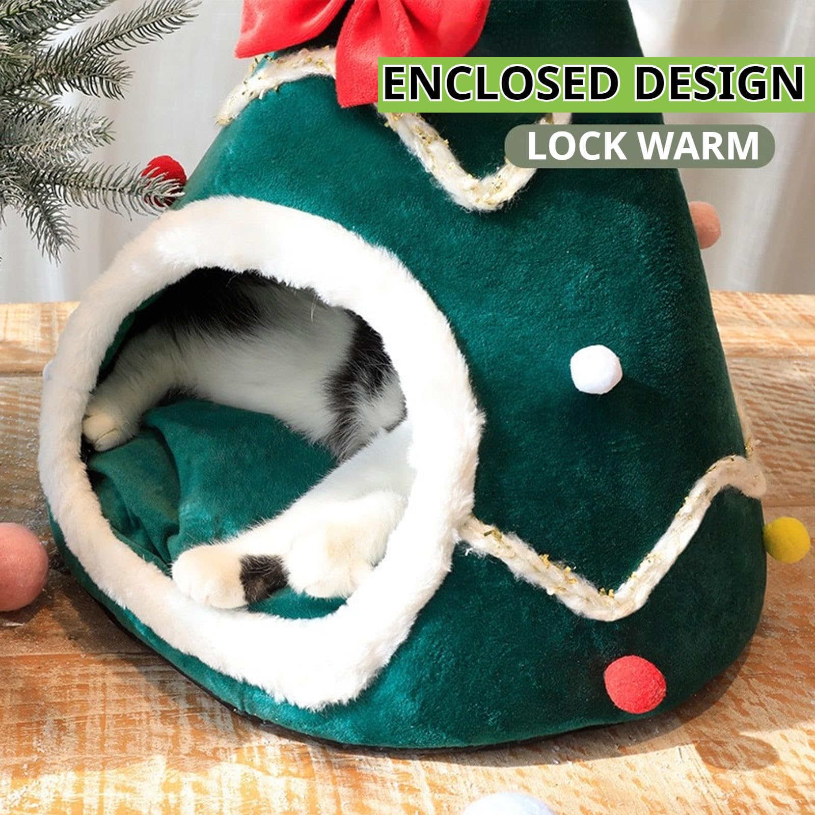 Christmas Cat Bed, Christmas Tree Cat Bed, Christmas Cat House, Cat House Christmas Tree, Cat Sleeping Bag for Indoor Cats (Green, L)