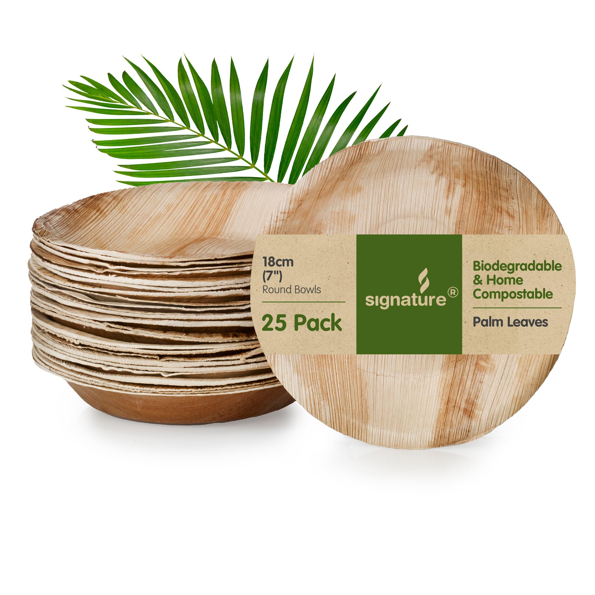 Signature Packaging Disposable Palm Leaf Bowl- 25 Pack - Compostable and Biodegradable Bowls - Round 7 inch - 100% All Natural Palm Bowl Tableware - for Picnics, BBQ, and Outdoor Parties
