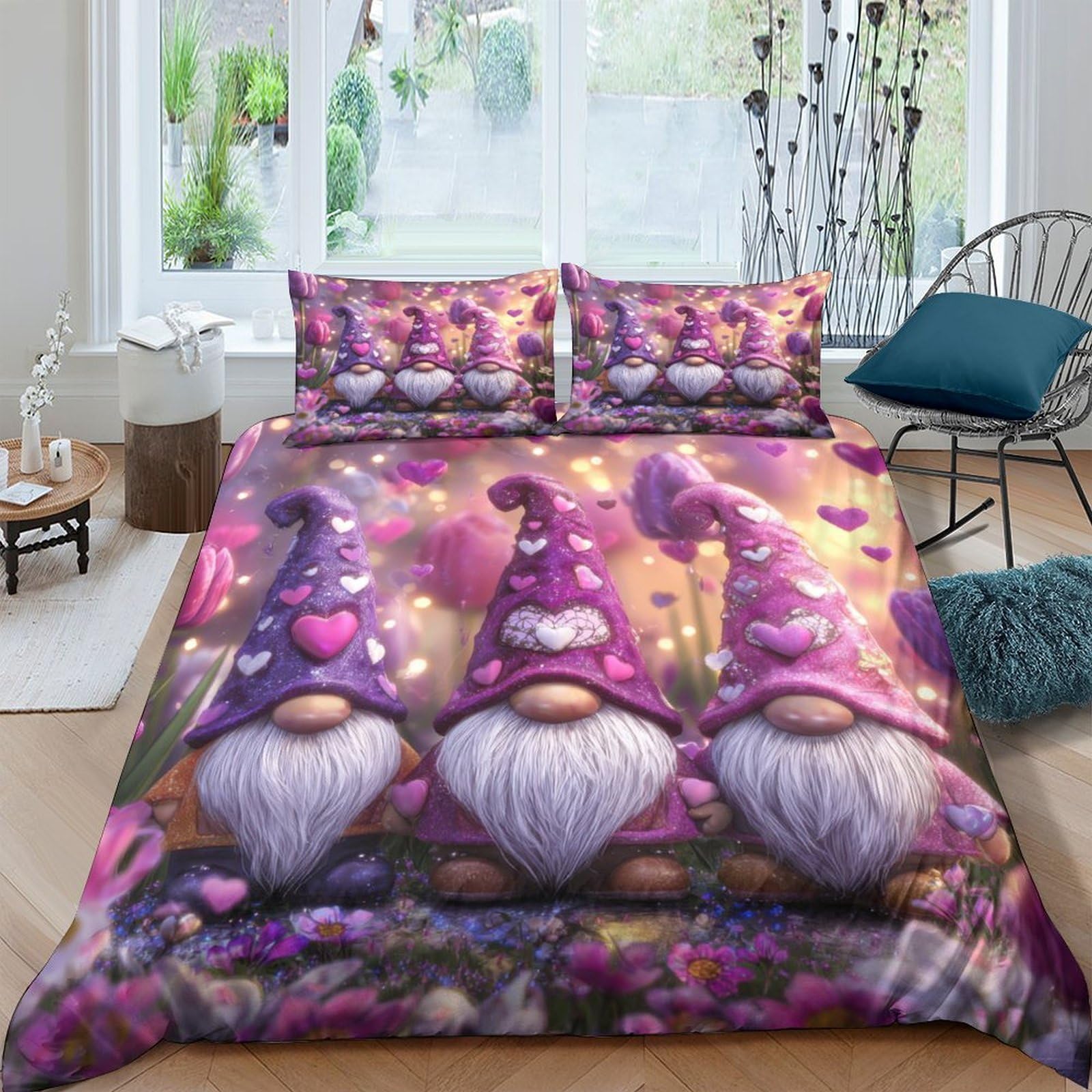 Ctjqhvkz Style-5 3D Printed Purple Gnome Fitted Sheet Microfiber Soft Bed Cover Heart Pattern For Bedroom Guest Room Easy Care Single（135X200cm）