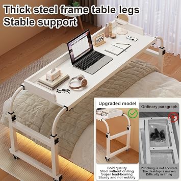 Overbed Table Queen Size Mobile Computer Desk with Wheels, Standing Workstation Laptop Cart Adjustable Height & Length, for Home Office Dormitory Hospital (Color : Wood, Size : 55 x 16 x 37in