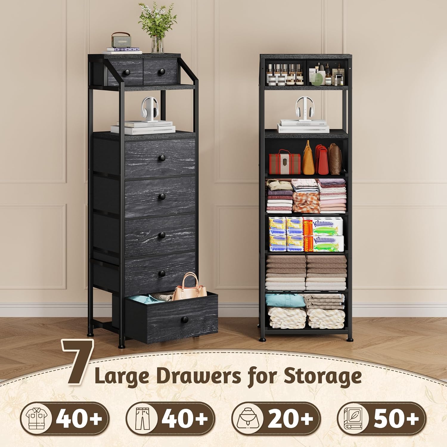 EnHomee 51.2" H Vertical Dresser with LED Lights, 7 Fabric Drawers Dresser for Bedroom, Sturdy Nightstands with Open Wood Shelf, Metal Frame, Bedside Table for Dorm, Entryway(Black)