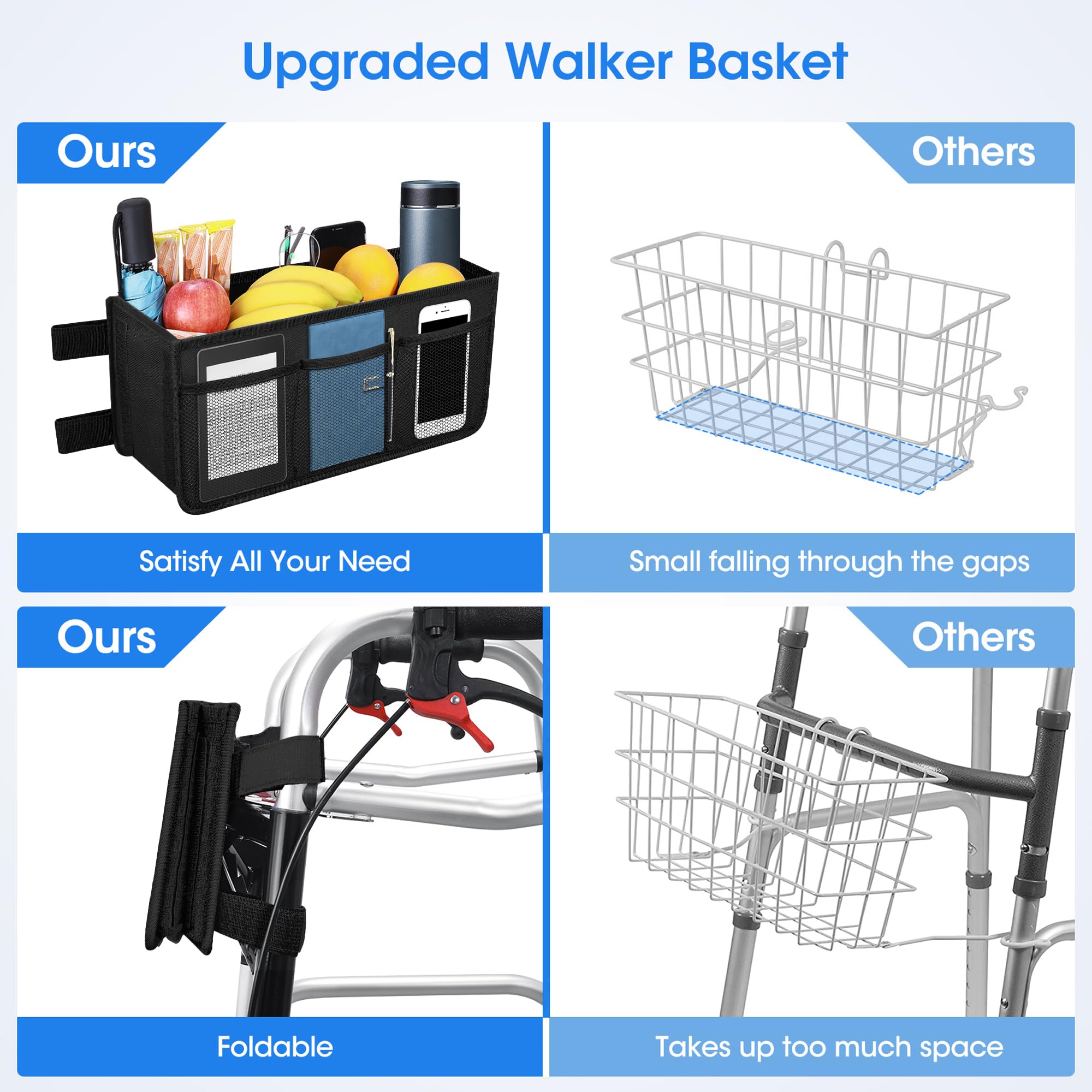 Upgrade Dotday Walker Basket Walker Bag Walker Bag Soporte para tazas de agua, bolsa de almacenamiento plegable con gran capacidad y nunca se vuelque, el mejor regalo para la familia, color negro (no