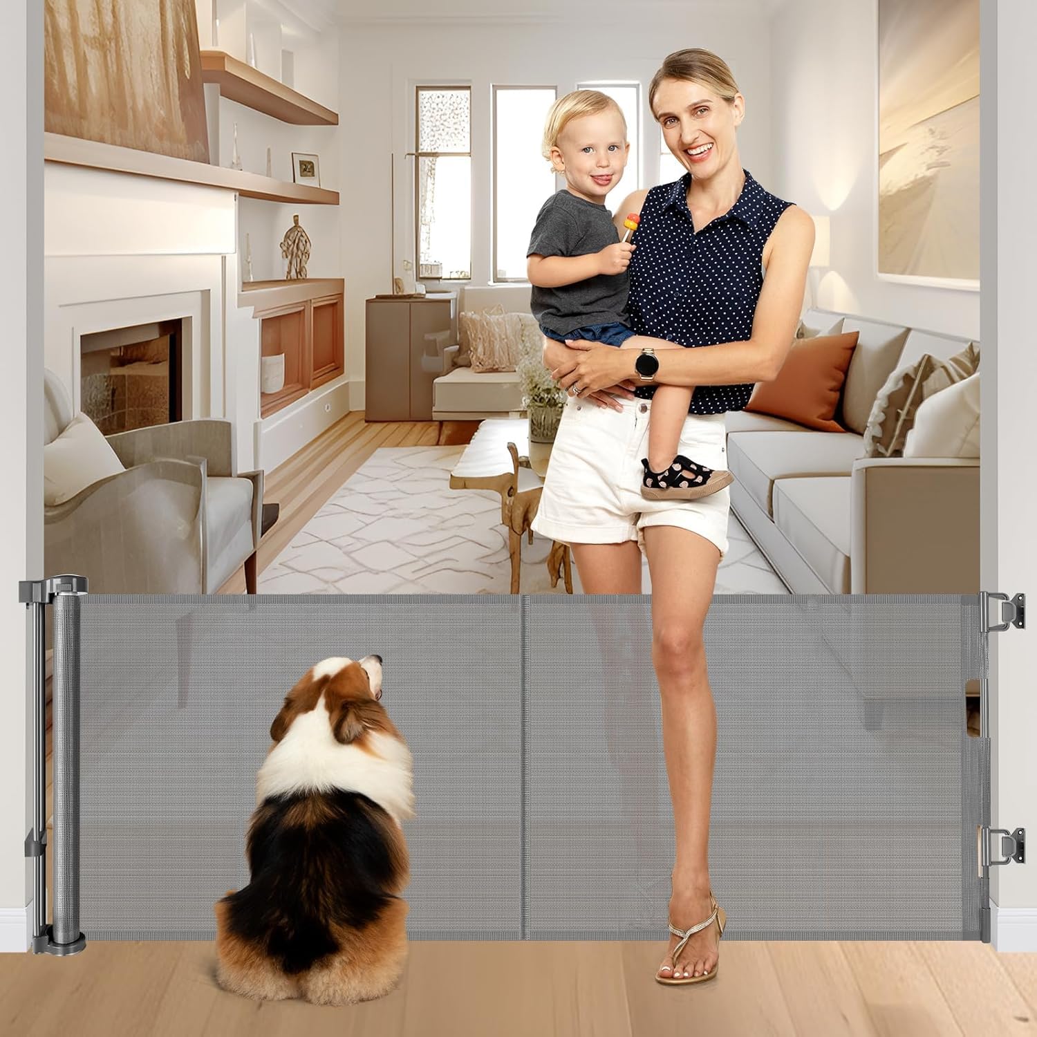 Photo 1 of Reinforced 28-Inch Tall Retractable Baby Gates for Doorways, Walk Through Pet Gate for Stairs, Short Baby Gate with Support Rods, 55 Inch Wide Mesh Gate Retractable Gate Small Dog Gate, Gray