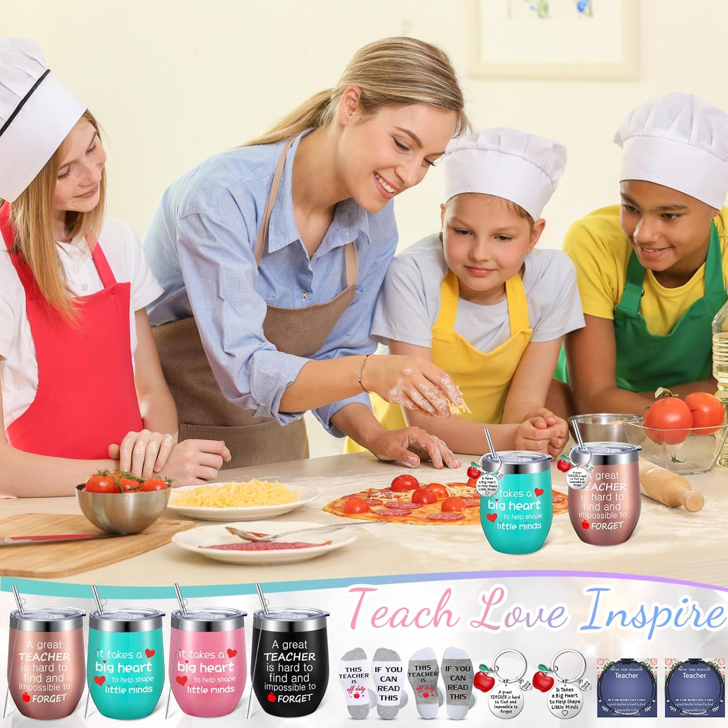 Geiserailie 16 Pcs Christmas Teacher Appreciation Gifts Set Wine Tumblers with Lid Brush Funny Unisex Socks Morse Bracelets and Heart Keychains for Christmas Teacher's Day (Cute) - Image 3