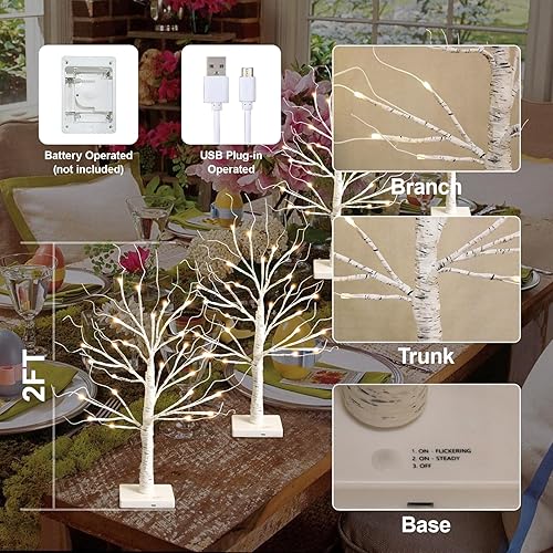 Miniatura 6 de Conjunto de 4 árboles tipo abedul con luces LED, árbol tipo abedul iluminado con bateríaUSB, árbol de 2 pies con 24 LED de luz blanca cálida,