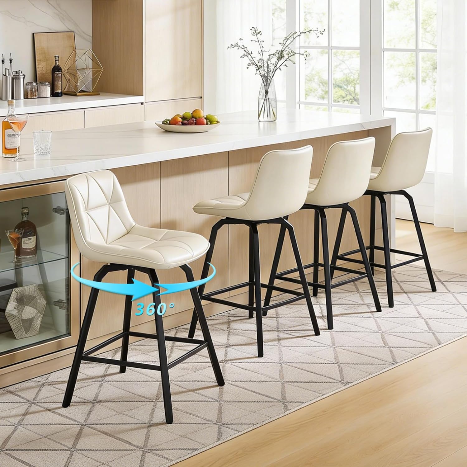 Swivel Bar Stools Set of 4, 26" Counter Height Bar Stools Triangle PU Leather, Island Chairs with Back and Footrest, for Kitchen Counter, Bar, Dining Room, Cafe, White