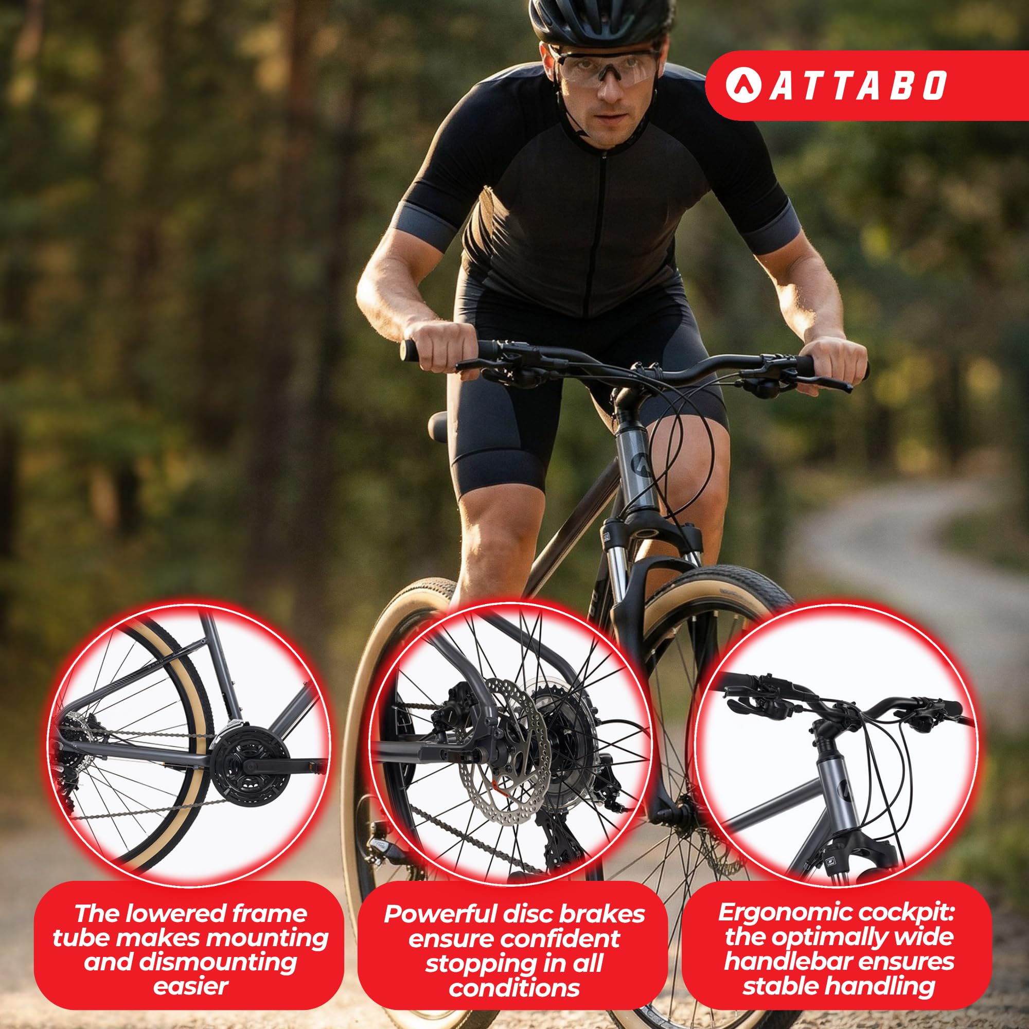 ATTABO SANO 3.0 męski rower crossowy 28 cali do jazdy na ulicy i żwirze | Aluminiowa rama, 24 biegi, amortyzowany widelec SR Suntour i hydrauliczne hamulce tarczowe Shimano