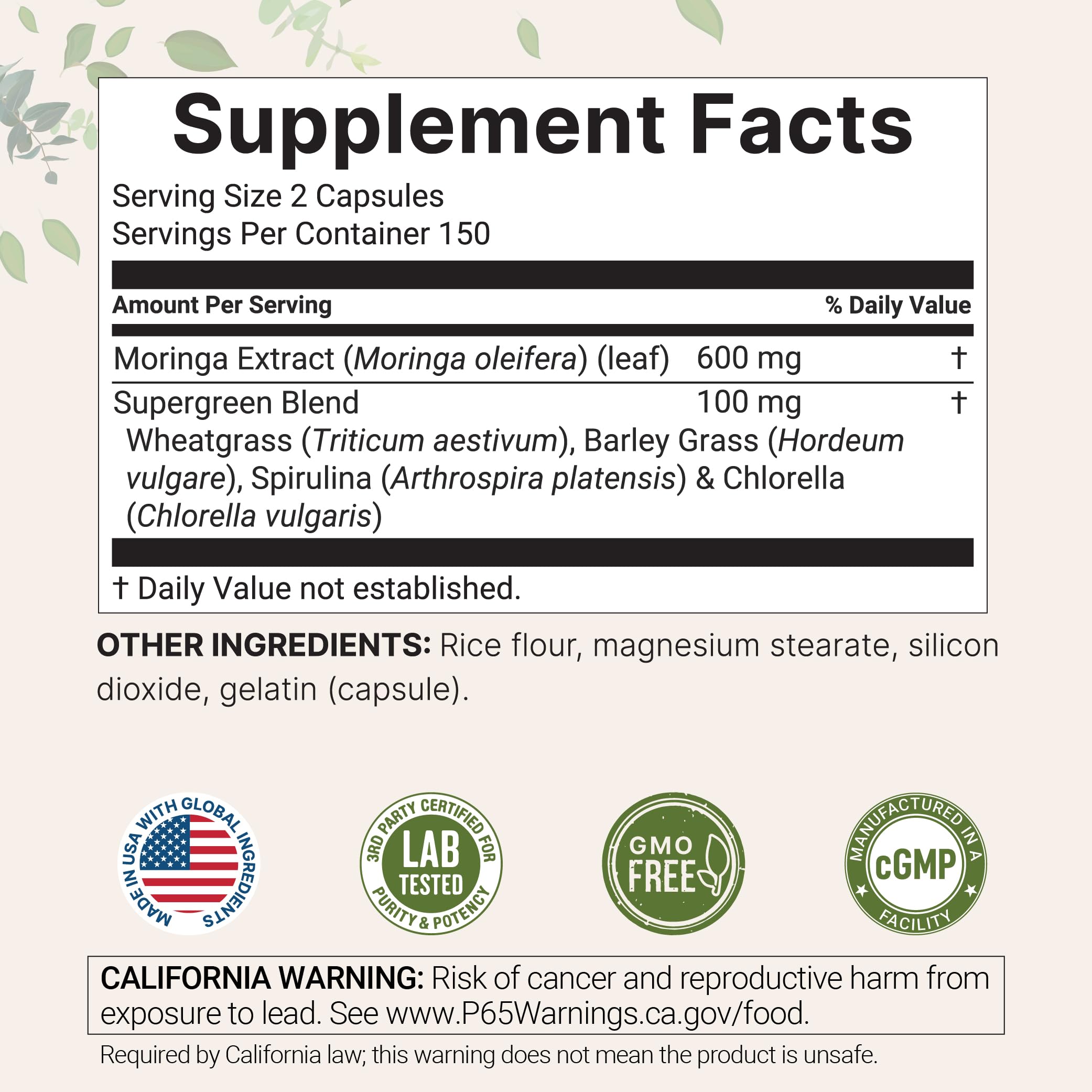 Micro Ingredients Moringa Oleifera | 300 Capsules with Supergreens Blend of Wheatgrass, Barley Grass, Spirulina, & Chlorella | Antioxidant Supplement, Energy, & Immune Support | Non-GMO — Amazon image 2
