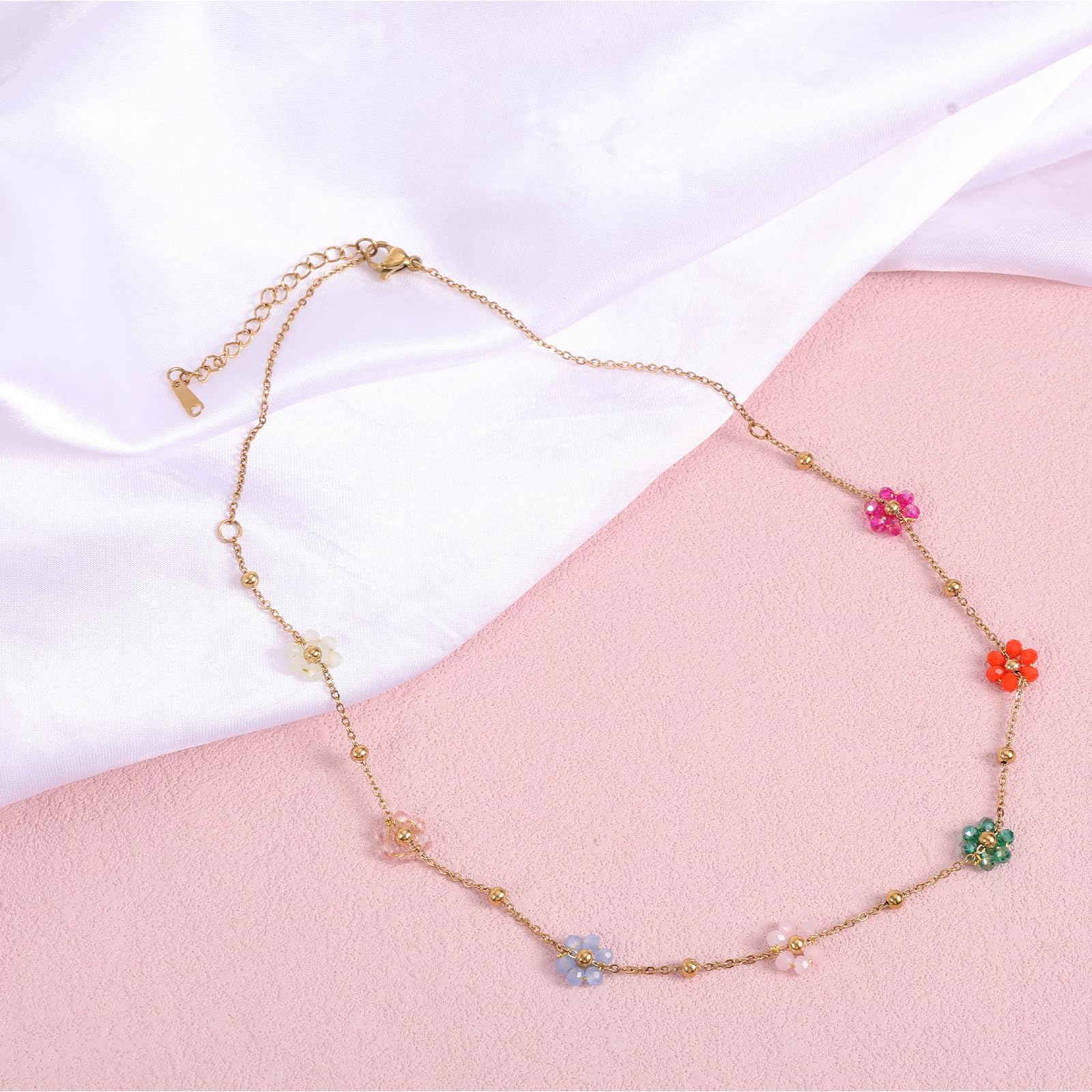 Mikovivi Naszyjnik z Koralików Kwiatowych, 40+5 cm Naszyjnik z Koralików w Kwiaty Stokrotki Modne Regulowane Naszyjniki Słodka Kolorowa Biżuteria Choker dla Kobiet