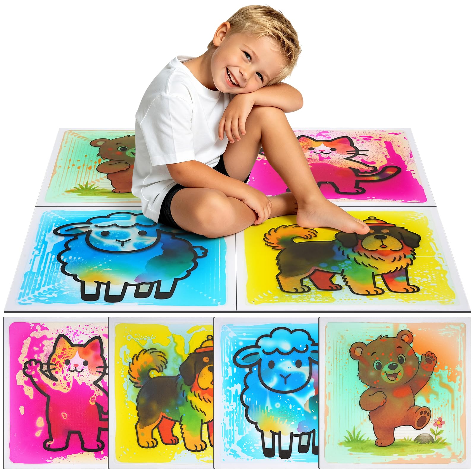 Ymoryiyi 15.7x15.7in Animal Pattern Liquid Sensory Tiles for Kids, 4 Pack
