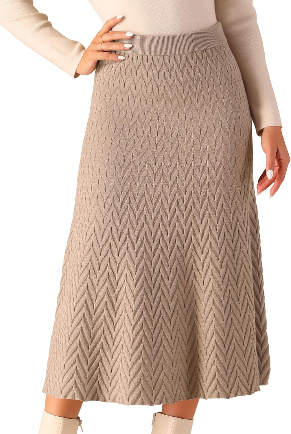 Seta T Women's Ribbed Knit A-Line Skirts Elastic High Waist Stretchy Sweater Midi Skirt