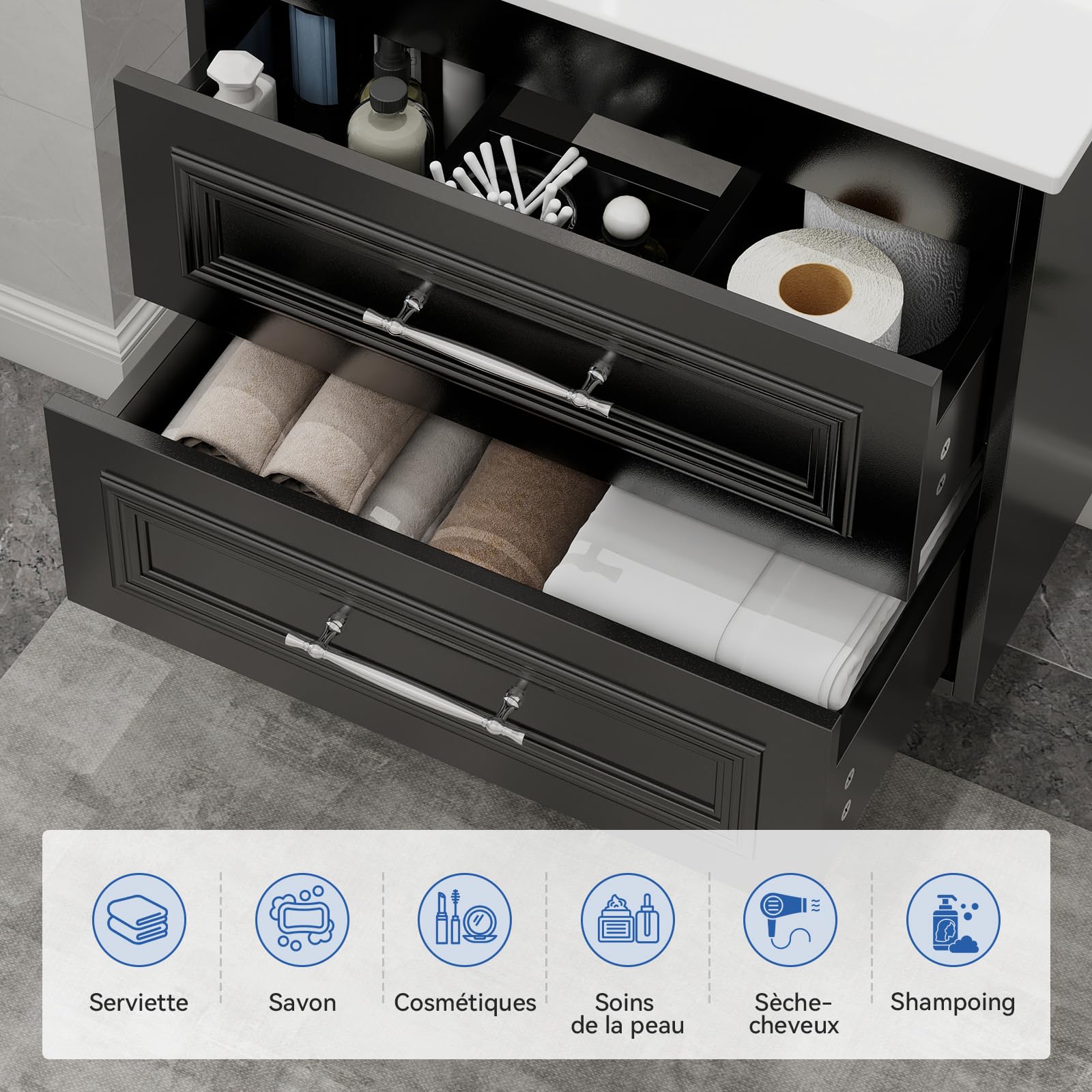 YU YUSING 60 cm Ensemble de Meuble de Salle de Bain Suspendu - Lavabo Céramique Blanc Incrusté, Robinet Noir, 2 Grands Tiroirs à Fermeture Douce, Design Moderne, Blanc et Noir, pour Espace Réduit