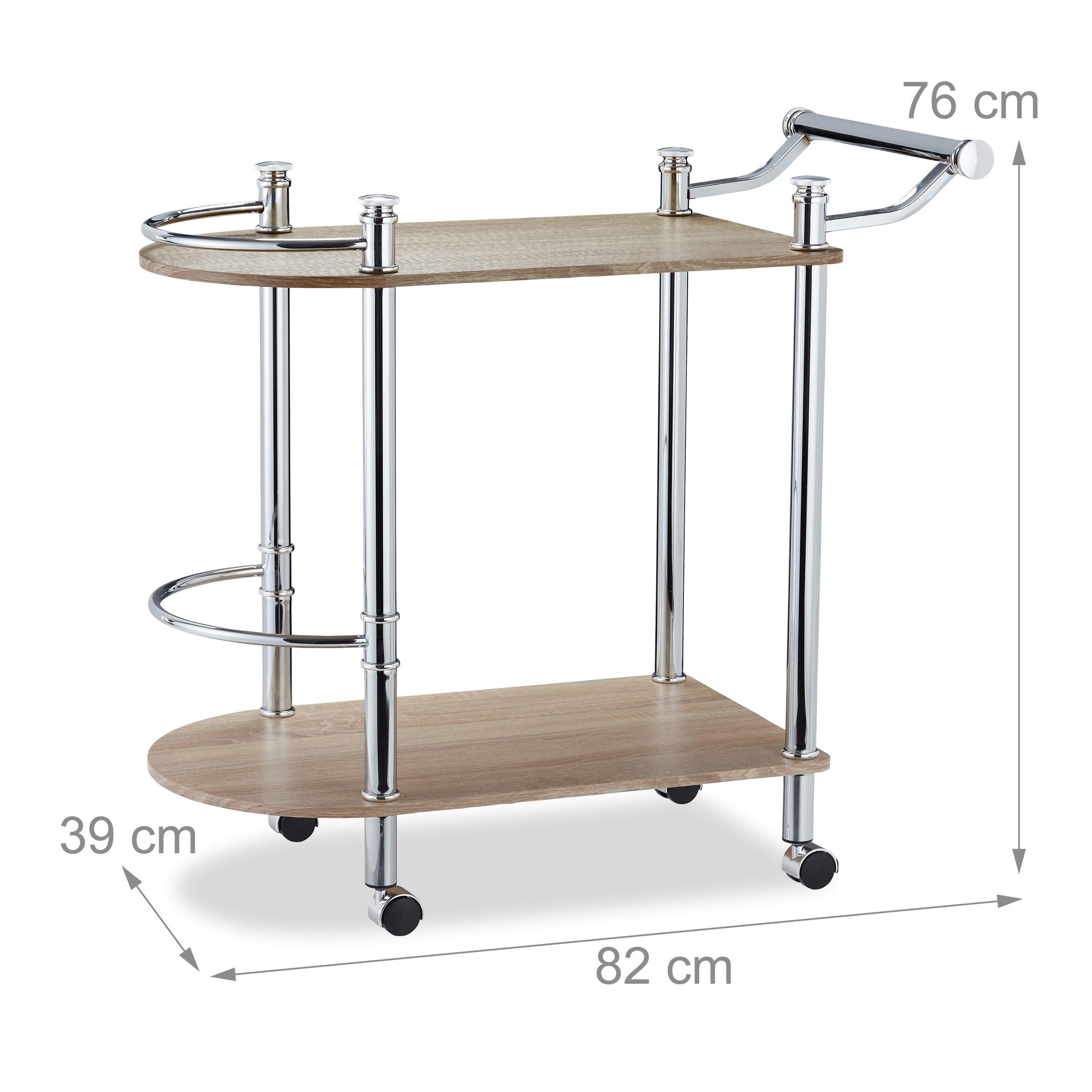 Relaxdays Servierwagen 2 Etagen, Holz-Optik, MDF und Stahl, 4 Rollen, mit Griff, Barwaagen, HxBxT 76 x 39 x 82 cm, braun