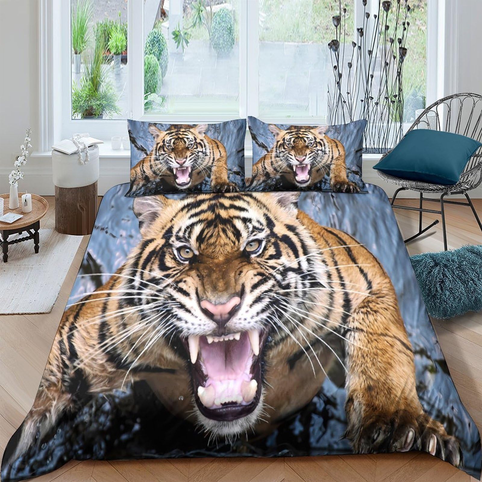 Ctjqhvkz Style-1 3D Printed Roaring Tiger Fitted Sheet Microfiber Soft Wild Animal Mattress Cover For Bedroom Guest Room Dorm Protective Decor Single（135X200cm）