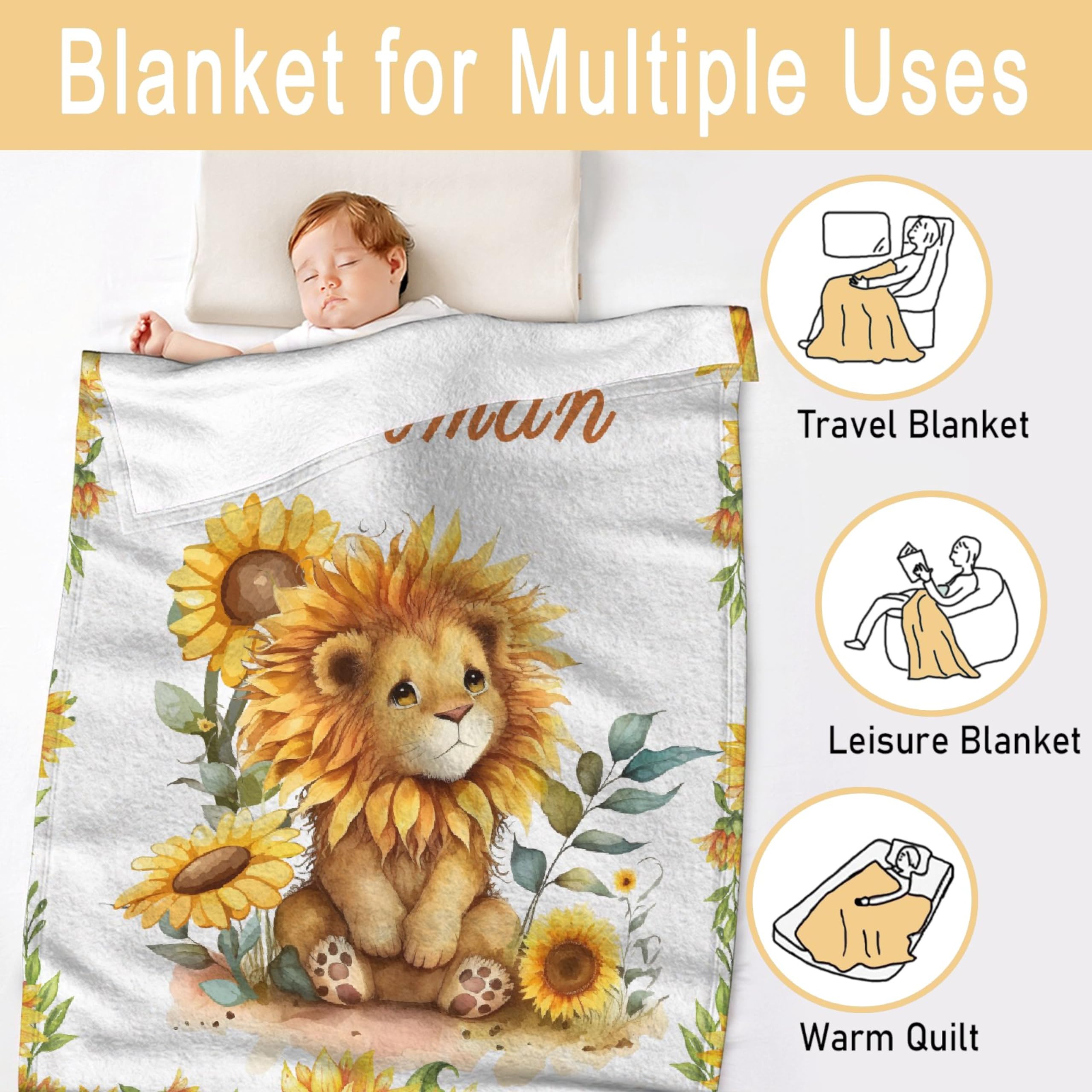 Custom Baby Sunflower Lion Blankets Personalized Gift for Girl/Boy for Couch Sofa Bed Bedroom Living Room Lightweight Throw Blanket (30''x40'' for Baby/Pets)
