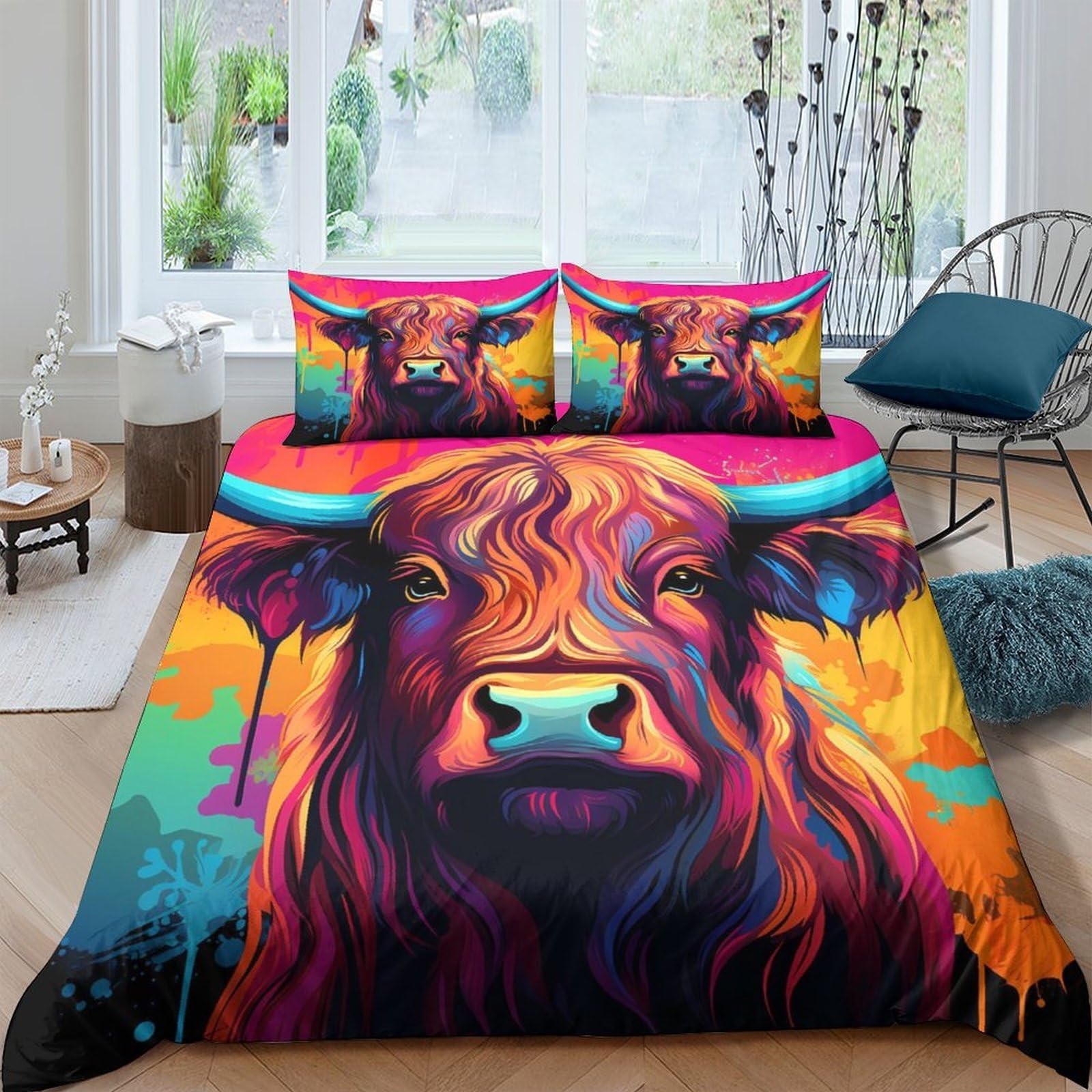 Ctjqhvkz Style-5 3D Printed Colorful Highland Cow Fitted Sheet Microfiber Soft Breathable Abstract Bull Mattress Cover For Bedroom Guest Room Single（135X200cm）