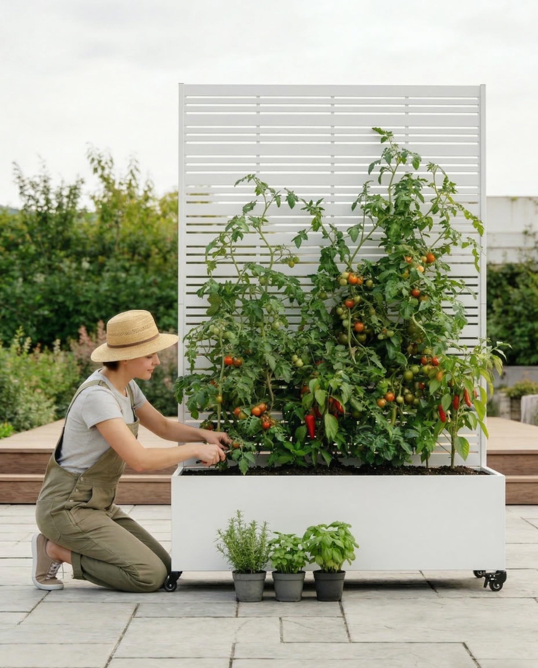 Orto Rialzato da Esterno in Metallo con Grigliato, Fioriera con Ruote e Schermo per la Privacy, Aiuola Rialzata con Traliccio per Piante Rampicanti, Vaso per Giardino, Patio e Balcone (Bianco)