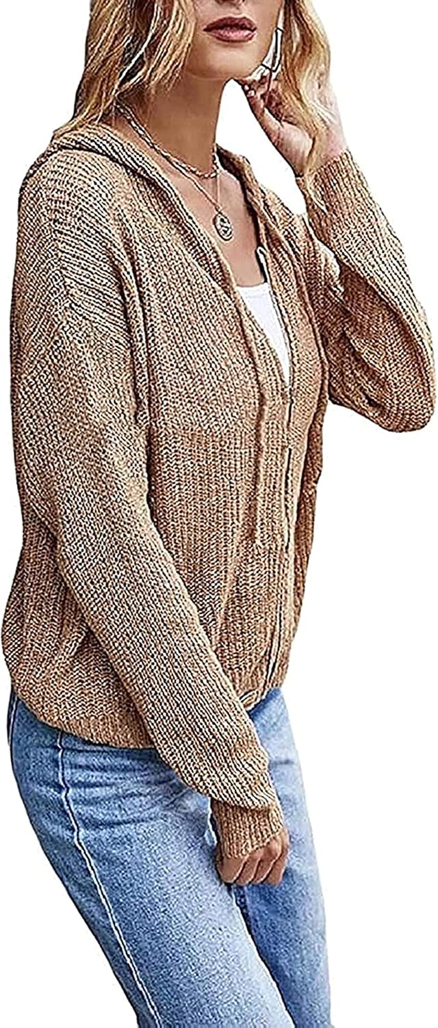 Women Cardigan Hoodies Knit Coat ZipFront LongSleeve VNeck Outerwear