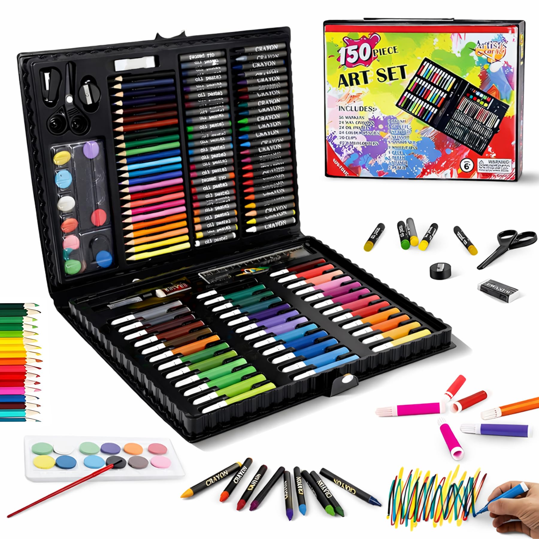 WISHKEY 150 Pieces Art Set for Kids with Case, Art and Craft Supplies Kit for Drawing and Painting, Color Set with Markers, Water Colors, Brush, Color Pencils, Crayons (Pack of 1, Multicolor)-image-43