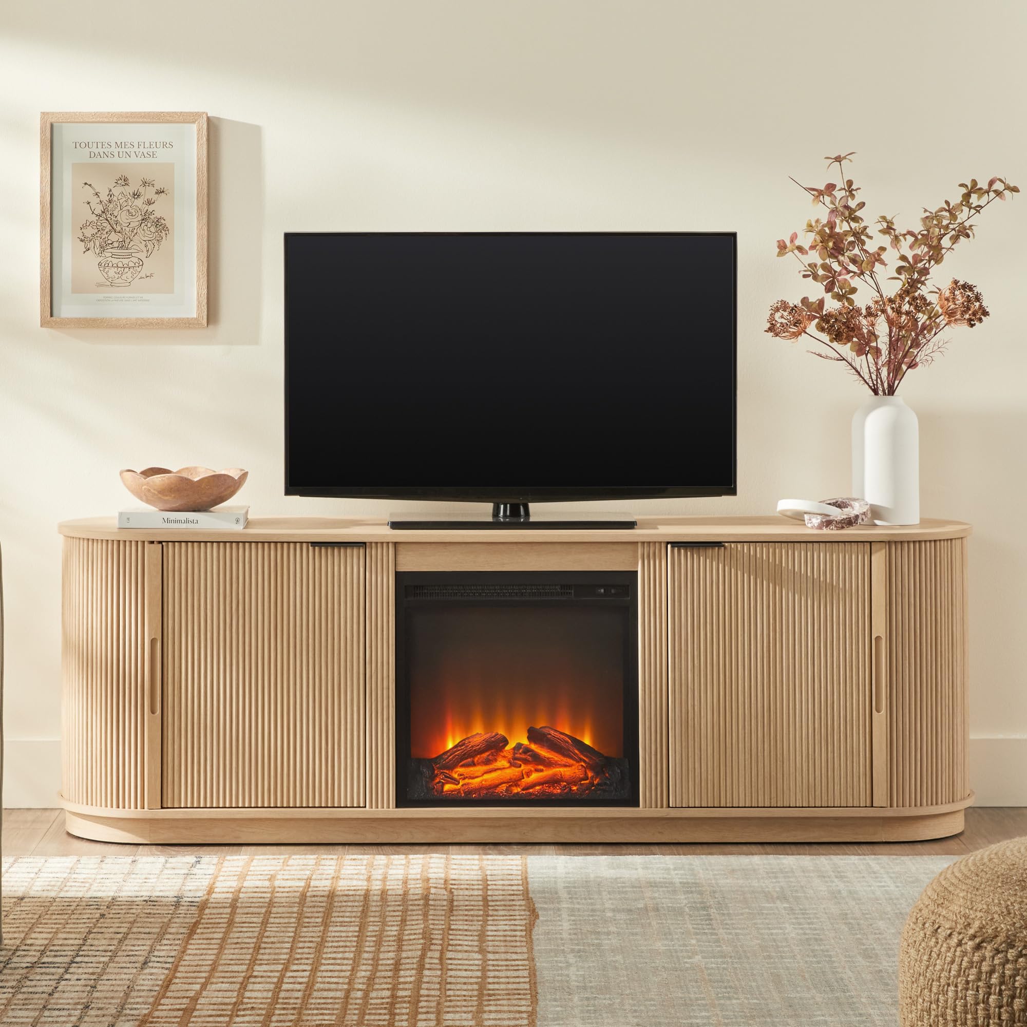 Photo 1 of Walker Edison Chloe Reeded TV Stand with Fireplace Insert, 75 Inch, 70 Inch, Coastal Oak