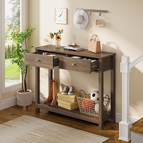 Miniatura 8 de Gizoon Mesa consola con 2 cajones, mesa de entrada de madera de 2 niveles con estantes de almacenamiento, mesa de sofá de madera de 39 pulgadas de