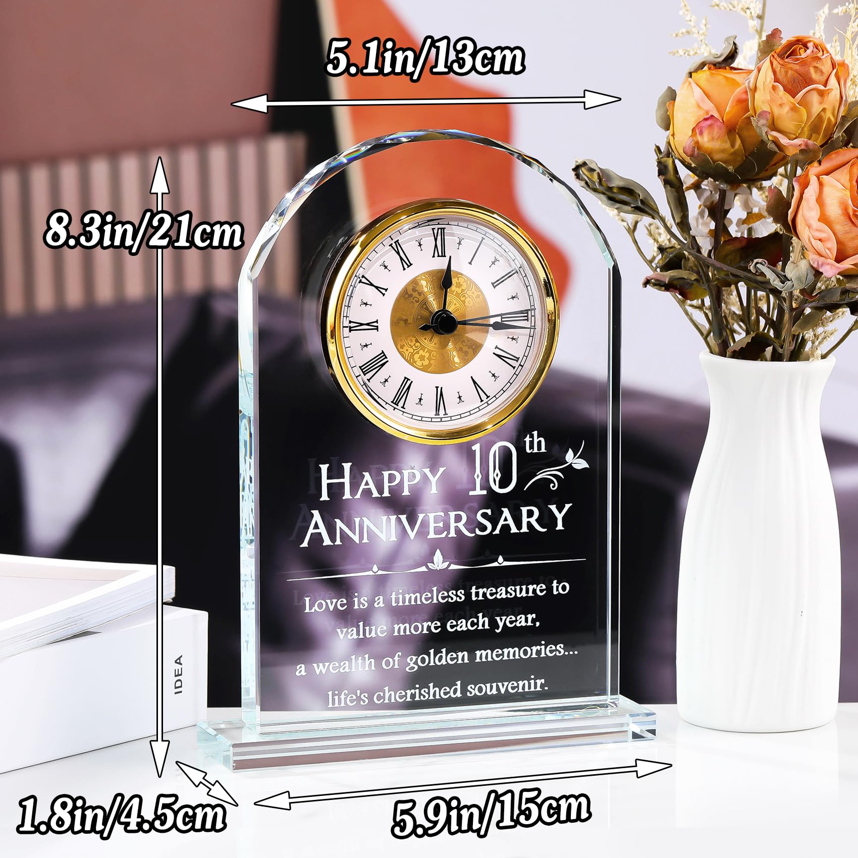 Movdyka Crystal 10th Anniversary Desk Clock Gifts Tin Wedding Presents for Married Couples 10 Years of Marriage Home Ornaments Anniversary Keepsake for Wife Parents - Image 2