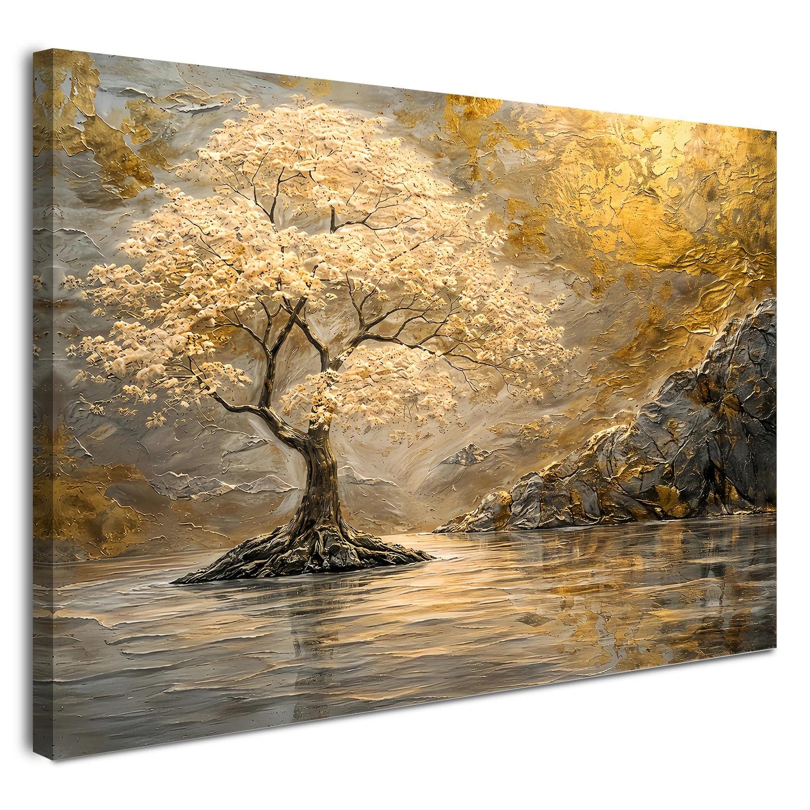 Alptiny Leinwandbild mit Rahmen 30x40 cm, Goldener Baum Landschaft Wandbild für Wohnzimmer, elegante Wanddekoration für Schlafzimmer Flur Büro, Bilder mit Rahmen mit Klettband und vormontierten Haken