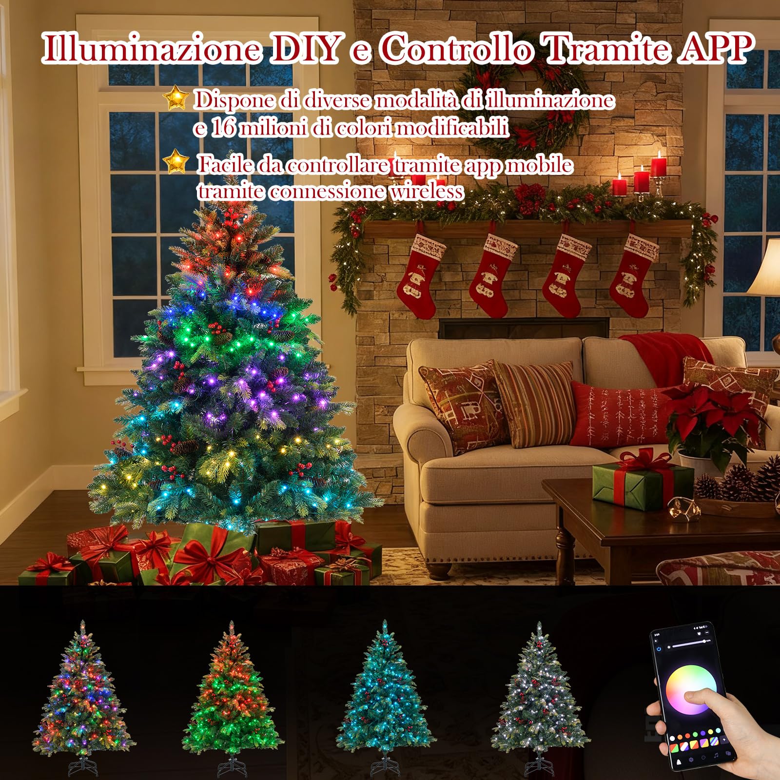 COSTWAY Albero di Natale Artificiale 150/180 cm, con 250/370 Luci RGB Multicolori Controllabili tramite APP, 584/1054 Rami in PE & PVC, 23/41 Pigne e 23/41 Bacche Rosse e Controllo Remoto (150 cm)