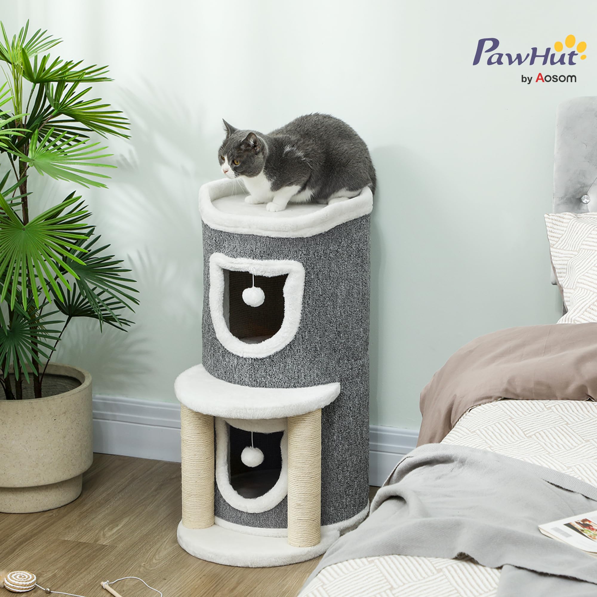 PawHut Albero Tiragraffi per Gatti Alto 76 cm Torre a Cilindro Grigio | per Gattini, con Casette, Lettino Superiore, Palline, Pali in Sisal