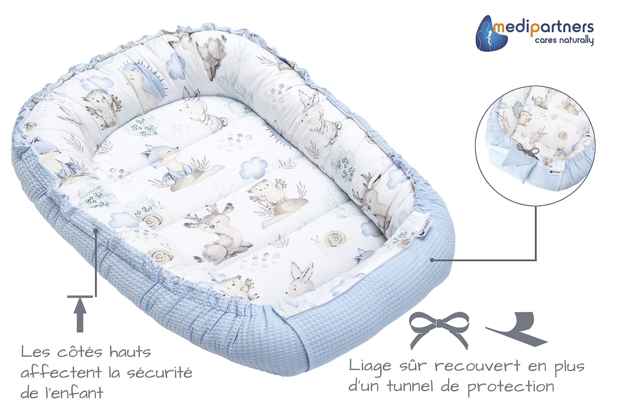 Medi Partners Nido per Neonato 100x60x15cm Baby Nest 100% Cotone Waffle Lettino da viaggio per bambini Multifunzionale Chiusura sicura (Cervo e riccio con azzurro Waffle)